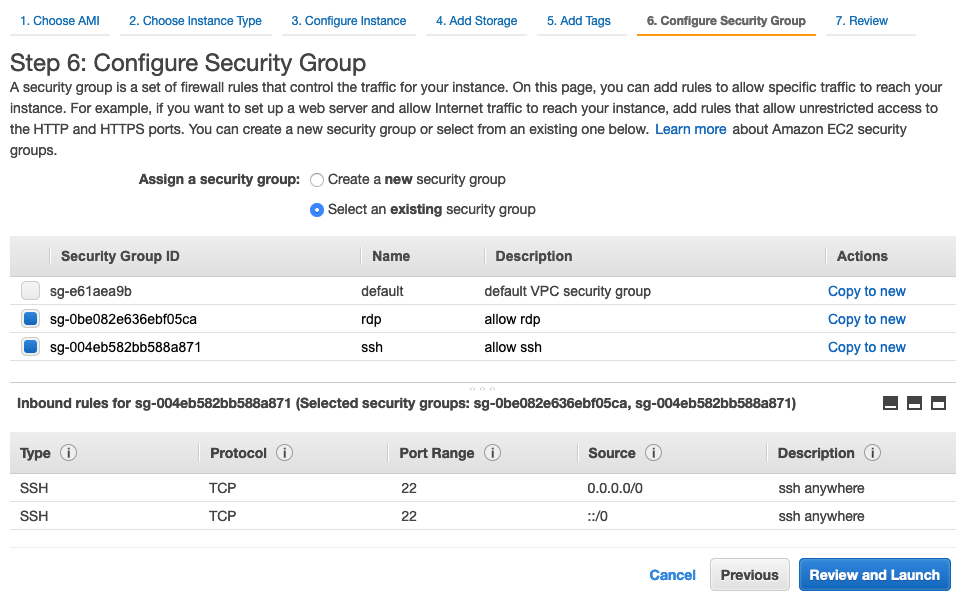 Security Group: allow SSH and RDP